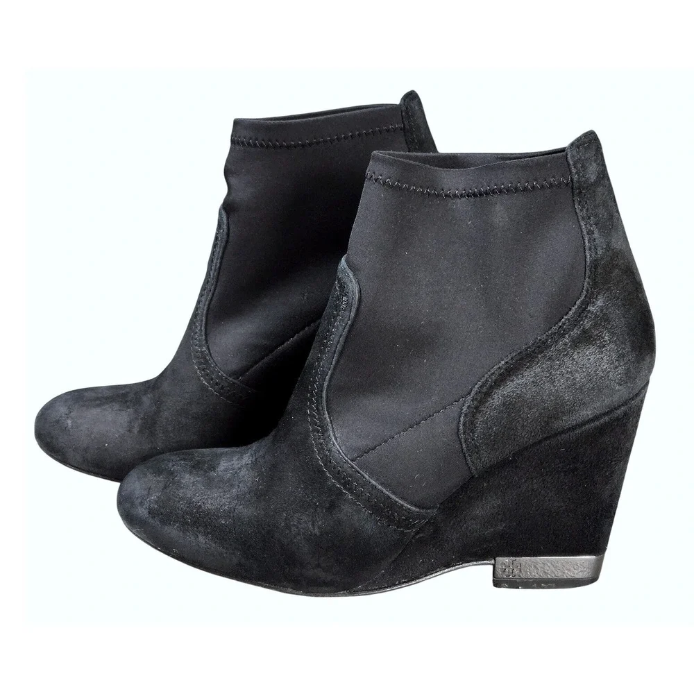 Women's Tory Burch 6.5 Black Suede Neoprene Wedge Sock Ankle Booties City Chic
